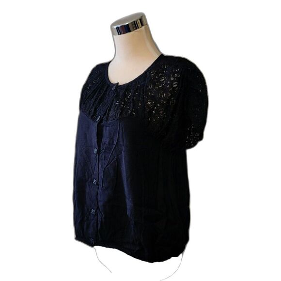 Kimchi Blue Urban Outfitters Black Lace Button Front Short Sleeve Top Size L - Picture 2 of 8